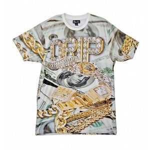 Diamond Drip Money Graphic‎ Mens L T-Shirt Over Print Ice Gold One Color Nation